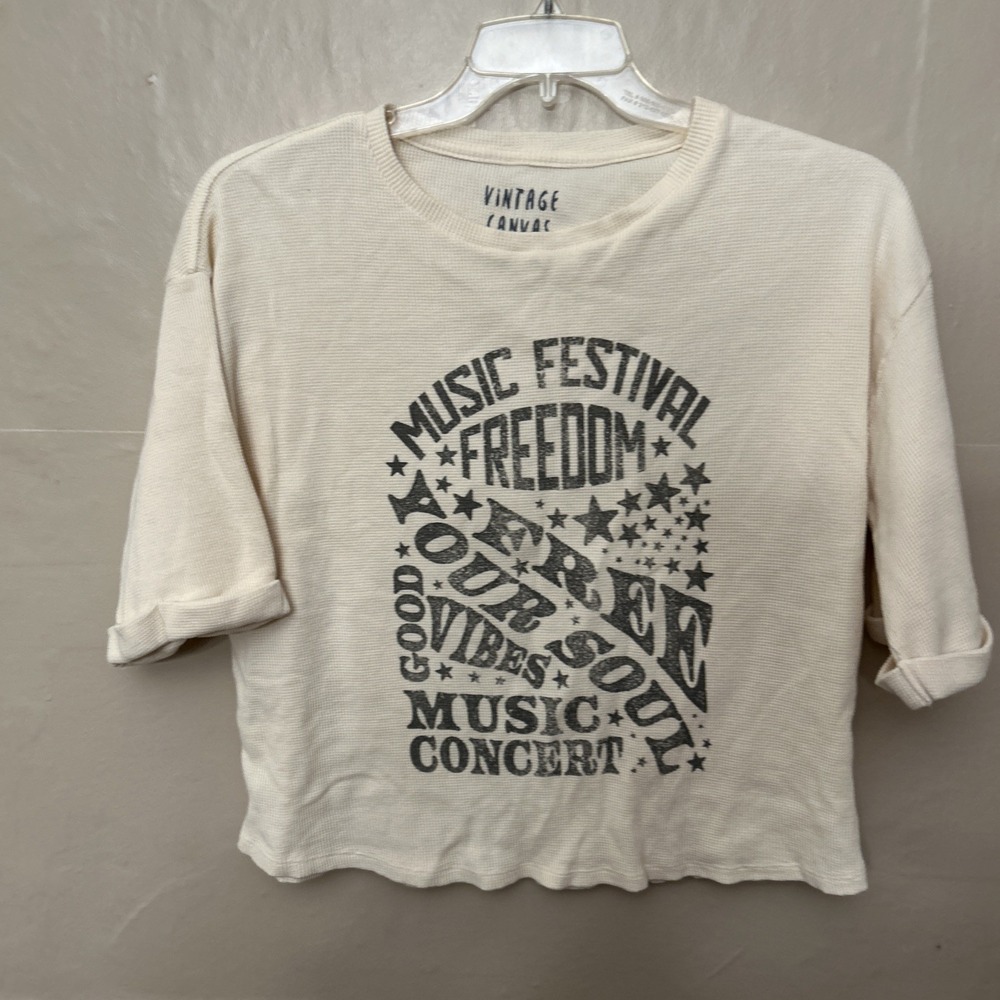 Vintage Canvas Medium Waffle Beige Music Festival‎ T Shirt Cropped